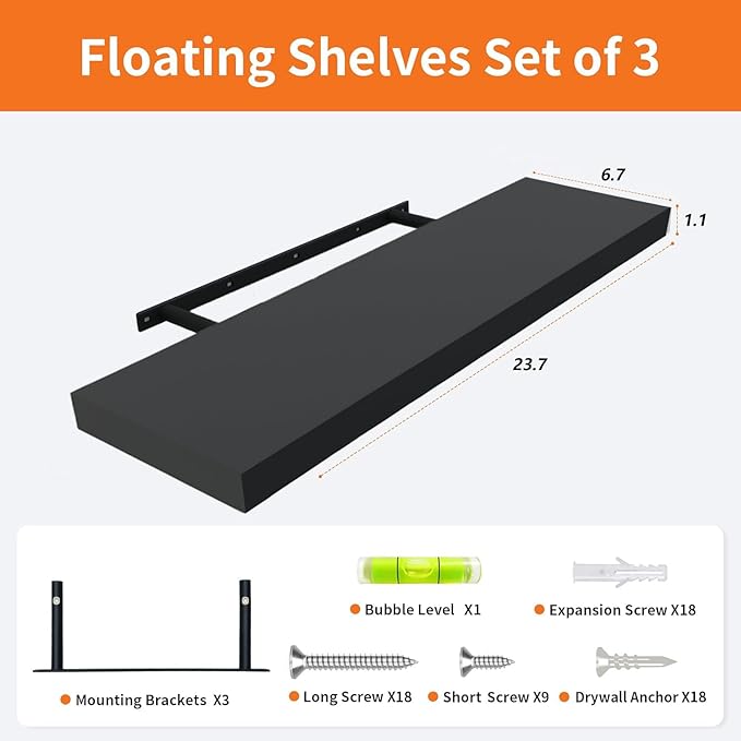 Floating Shelves for Wall Set of 3, 24" Black Wall Shelves for Home Decor, Frame Display Black Floating Shelf for Living Room, Bedroom, Bathroom, Kitchen