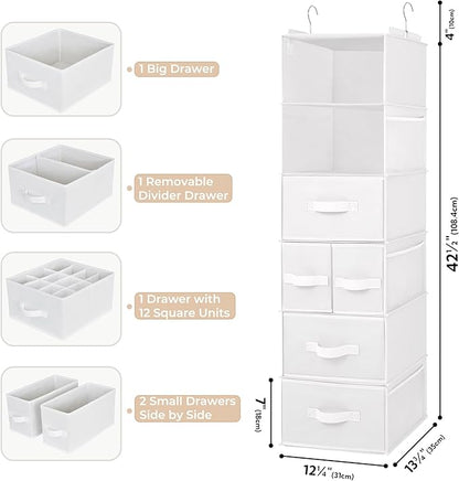 GRANNY SAYS Hanging Closet Organizer and Storage, 6 Shelf Clothes Organization with Drawers, 6 Side Pockets Closet Hanging Shelves for Bras, Socks, Underwear, Nursery Room, Wardrobe, White, 1-Pack