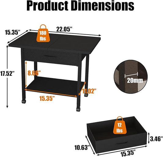 Large 22" x 15" Under Desk Printer Stand, 2-Tier Shelf Printer Table with Storage Fabric Drawer and Wheels, Rolling Cart for Home Office Fits 3D Printer, Scanner (Black)
