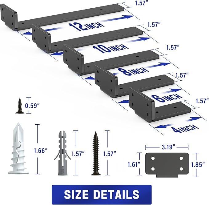 Goovilla Shelf Bracket, Heavy Duty Floating Shelf Brackets 4 inch Long, 12 Pack Brackets for Shelves, Black Coated Metal Wall Shelf Support Brackets with 1/5 Inch Thick and 160 lb. Load Capacity