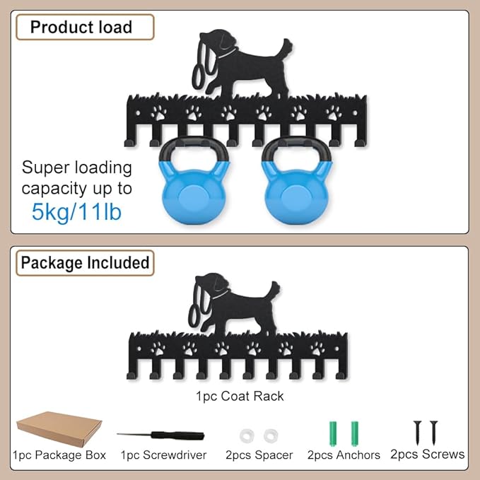MAYJOYDIY Metal Dog Coat Hooks Wall Mount Dog Leash Coat Rack 9.8×4.7inch 10 Hooks Decorative Paw Black Key Hooks Key Holder for Wall Lover Gift Hanging Hats Towels Bags
