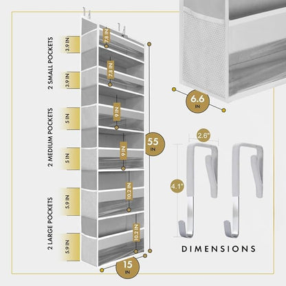 HOMELUX THEORY UPGRADED 6 Tiers Over The Door Organizer Hanging - 100D EXTRA THICK & 50lbs HUGE CAPACITY, 12 Side Mesh Pockets Over The Door Shoe Organizer, Hanging Closet Organizer (Light Gray, 1pc)