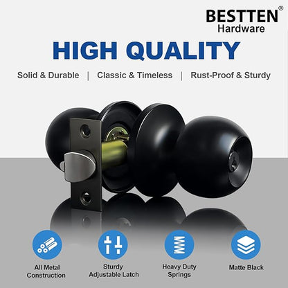 [2 Pack] BESTTEN Keyed Entry Door Knob, Entrance Door Lock, Keyed Different, Standard Ball, Matte Black