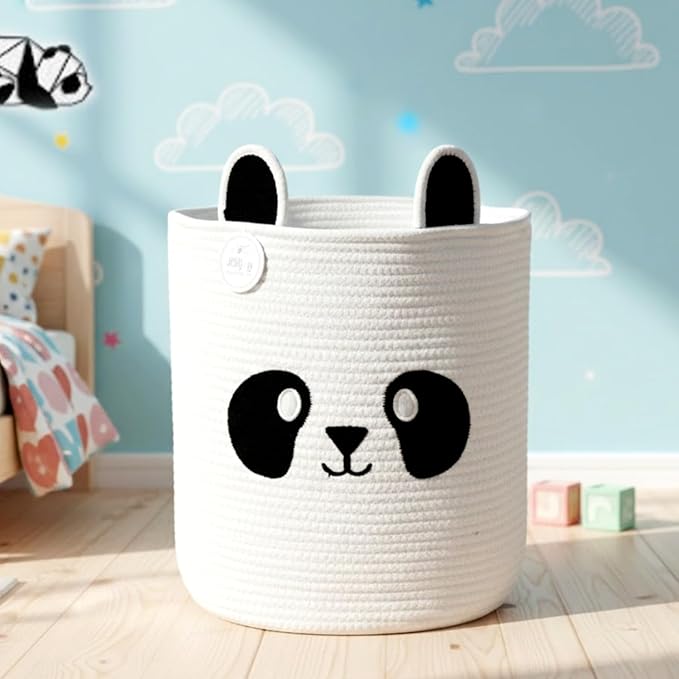 Collapsible Laundry Baskets for Kids & Toy Storage Organizer | Large Panda Woven Cotton Rope Bin for Stuffed Plushies | Cute Animal Face Hamper with Cutout Handles for Nursery, Playroom & more (Panda)