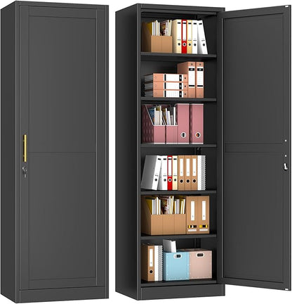 67" Metal Storage Cabinet with Lock, Tall Narrow Office File Cabinets with 5 Adjustable Shelves, Metal Steel Locker for Home, School, Office, Garage or Gym (Black)