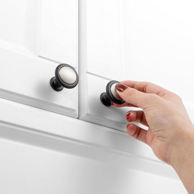 KOOFIZO 10 Pack Nickel and Black Kitchen Cabinet Knobs Brushed Silver and Black Drawer Knobs 1960 Round Single Hole Cabinet Pulls for Cabinets Drawers Dresser Cupboard Bedroom Bathroom