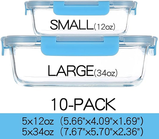 C CREST Glass Meal Prep Containers, [10 Pack] Glass Food Storage Containers with Lids, Airtight Bento Boxes, BPA Free & Leak Proof (10 Lids & 10 Containers)