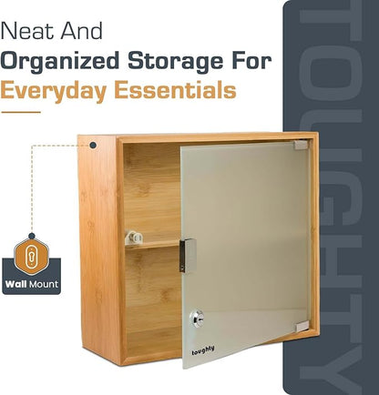 Toughty Bamboo Locking Medicine Cabinet - Wall Mount Lockable Medical Storage Box w/Key Lock - Secure Durable Organizer for Medication, First Aid & Supplies - for Bathroom or Home - 12x13x5 Inches
