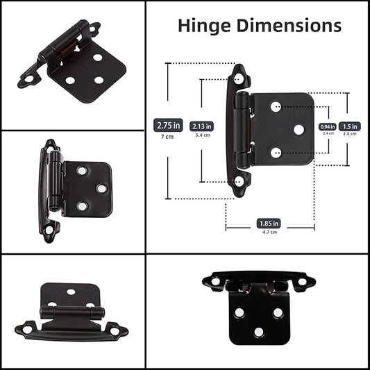 Decobasics 1/2" Overlay Matte Black Cabinet Hinges (2 Pair -4 Pcs) Self Closing Bath & Kitchen Cabinet Hinges Black Flush Mount w/Door Bumpers & Upgraded Screws