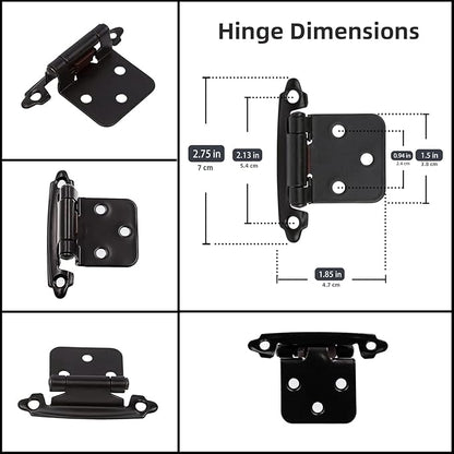 Decobasics 1/2" Overlay Matte Black Cabinet Hinges 50 Pack (25 Pair) Self Closing Bath & Kitchen Cabinet Hinges Black Flush Mount w/Door Bumpers & Upgraded Screws