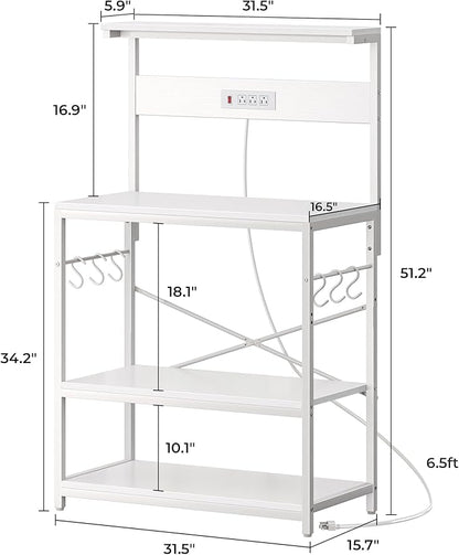 SUPERJARE Bakers Rack with Power Outlets, Microwave Stand, 31.5 X 16.5 Inch Larger Desktop, Kitchen Storage Rack with Adjustable Middle Shelf, 6 S-Shaped Hooks, Coffee Bar Stand, White