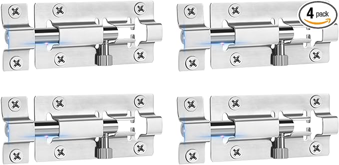 4 Pack Slide Lock, 3 Inch Barrel Bolt Latch, Door Latch Lock with 24 Screws, Stainless Steel Slide Locks for Inside Door