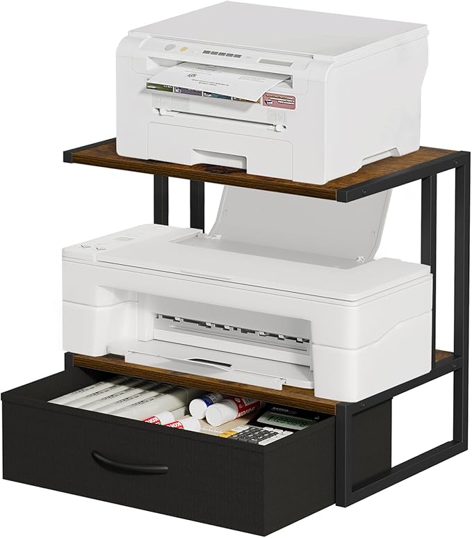 Printer Stand with Storage for Desk, with Fabric Drawer Desktop Printer Stand Shelf Organzier for Home Office, for Above and Under Desk Printer Table, Fax Machine Copier Scanner, Brown