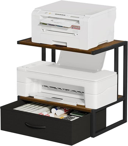 Printer Stand with Storage for Desk, with Fabric Drawer Desktop Printer Stand Shelf Organzier for Home Office, for Above and Under Desk Printer Table, Fax Machine Copier Scanner, Brown