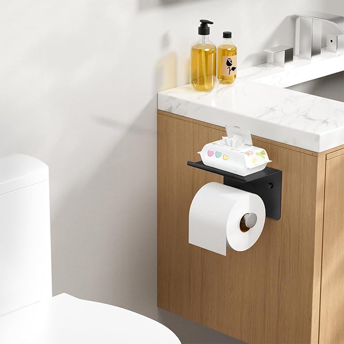 Toilet Paper Holder with Shelf, Adhesive or Screw Wall Mount Toilet Paper Roll Holder for Bathroom, Rustproof 304 Toilet Roll Tissue Holder Dispenser with Phone Shelf (1, Matte Black & Brushed Nickel)