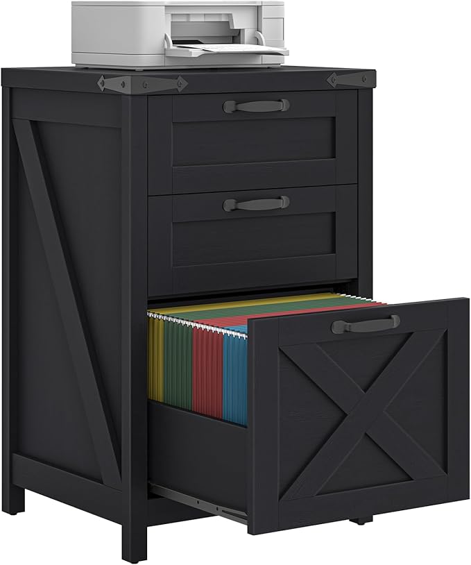 3 Drawer Small File Cabinet, Farmhouse Vertical Filing Cabinet Fits Letter and A4 Size, Under Desk Wooden File Cabinets for Home Office, Printer Stand, Black