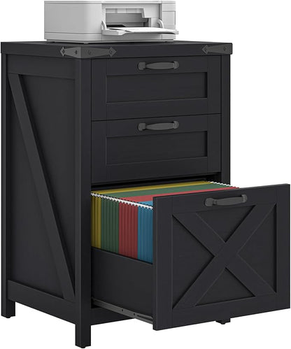 3 Drawer Small File Cabinet, Farmhouse Vertical Filing Cabinet Fits Letter and A4 Size, Under Desk Wooden File Cabinets for Home Office, Printer Stand, Black