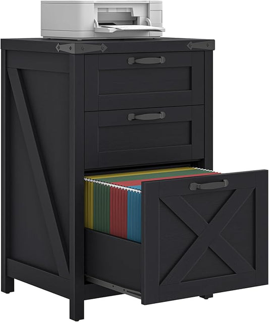 3 Drawer Small File Cabinet, Farmhouse Vertical Filing Cabinet Fits Letter and A4 Size, Under Desk Wooden File Cabinets for Home Office, Printer Stand, Black