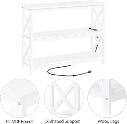 Yaheetech Entryway Table with Storage Shelves, Console Table with Power Outlets and USB Ports, Wood Narrow Sofa Tables with X-Shaped Design for Living Room/Hallway/Couch, White