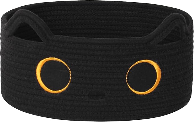 Black Cat Toy Basket, Small Woven Cat Toy Storage Box with Cute Ears Handle Indoor, Cotton Rope Storage Bin with Embroidered Face for Halloween Decor, Pet Bed, Nursery Kids Room Organization