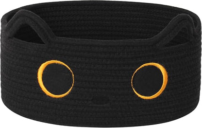 Black Cat Toy Basket, Small Woven Cat Toy Storage Box with Cute Ears Handle Indoor, Cotton Rope Storage Bin with Embroidered Face for Halloween Decor, Pet Bed, Nursery Kids Room Organization