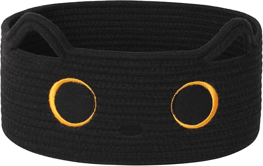 Black Cat Toy Basket, Small Woven Cat Toy Storage Box with Cute Ears Handle Indoor, Cotton Rope Storage Bin with Embroidered Face for Halloween Decor, Pet Bed, Nursery Kids Room Organization