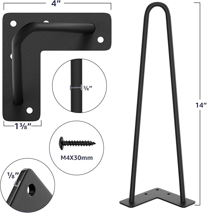 SMARTSTANDARD 14 Inch Heavy Duty Hairpin Furniture Legs, Metal Home DIY Projects for Nightstand, Coffee Table, Desk, etc with Rubber Floor Protectors Black 4PCS