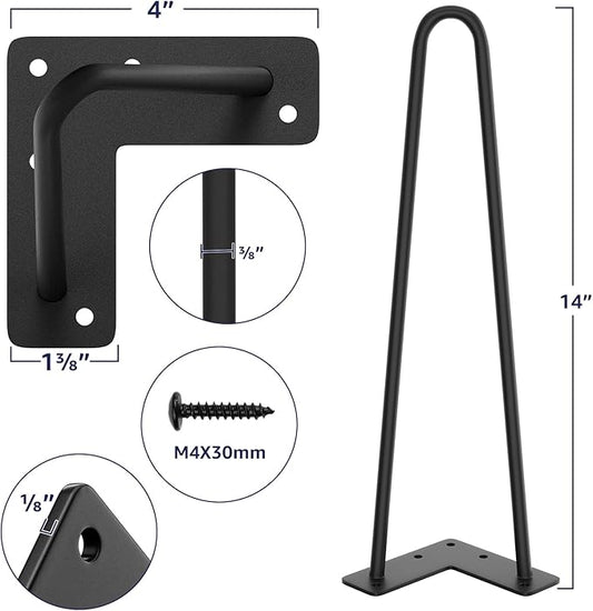 SMARTSTANDARD 14 Inch Heavy Duty Hairpin Furniture Legs, Metal Home DIY Projects for Nightstand, Coffee Table, Desk, etc with Rubber Floor Protectors Black 4PCS