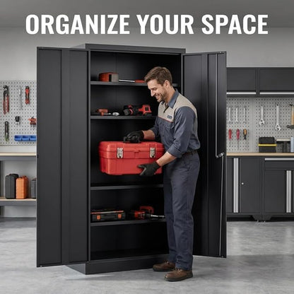CJF Metal Storage Cabinet, 71" H Locking Cabinet with 5 Adjustable Shelves for Garage, Classroom, School, Home, Office, Pantry-Black