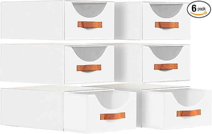 Stackable Storage Drawers - Large Collapsible Storage Bins with Drawers, 6 Pack Closet Shelf Organizer Basket, Fabric Pull Out Organizer for Bedroom, Living Room, Dorm, White