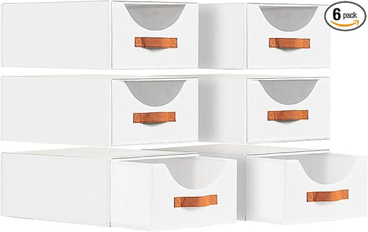 Stackable Storage Drawers - Large Collapsible Storage Bins with Drawers, 6 Pack Closet Shelf Organizer Basket, Fabric Pull Out Organizer for Bedroom, Living Room, Dorm, White