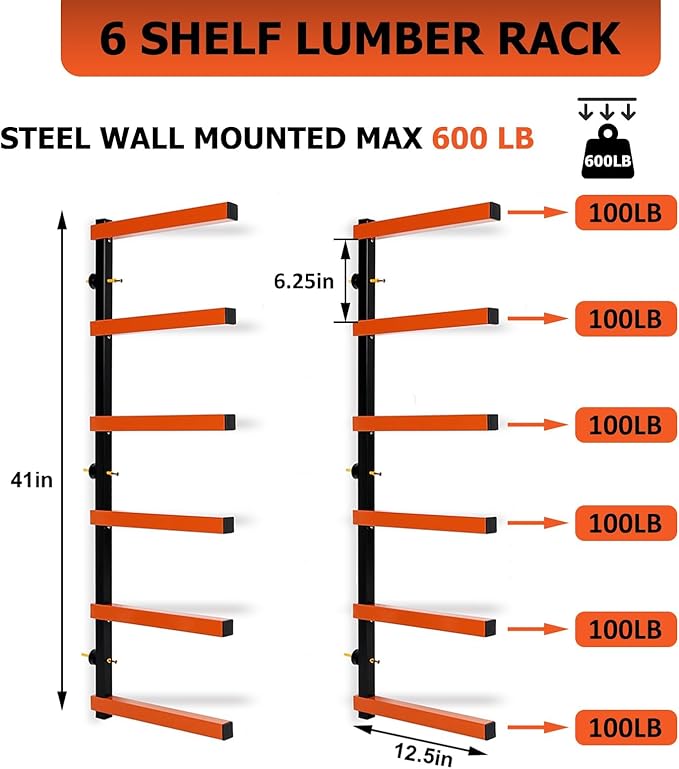 ECOTRIC Lumber Rack Wall Mount Wood Organizer Lumber Organizer - Heavy Duty Metal 6 Levels Shelf Lumber Storage Rack Max 600 Lbs (1 Pack), Indoor & Outdoor Use - Orange