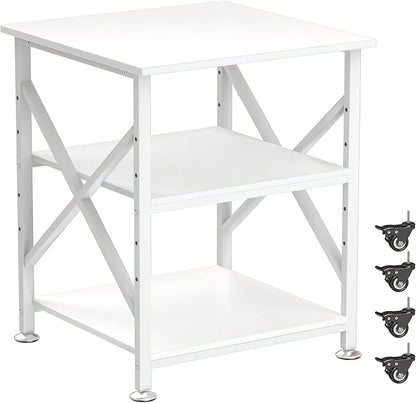Printer Stand, 23.6 x 23.6 Inches Large Printer Stand with Adjustable Storage Shelf, 3 Tier Printer Table for Home Office, Rolling Printer Cart with Industrial Wheels, Mini Fridge Stand Table, White
