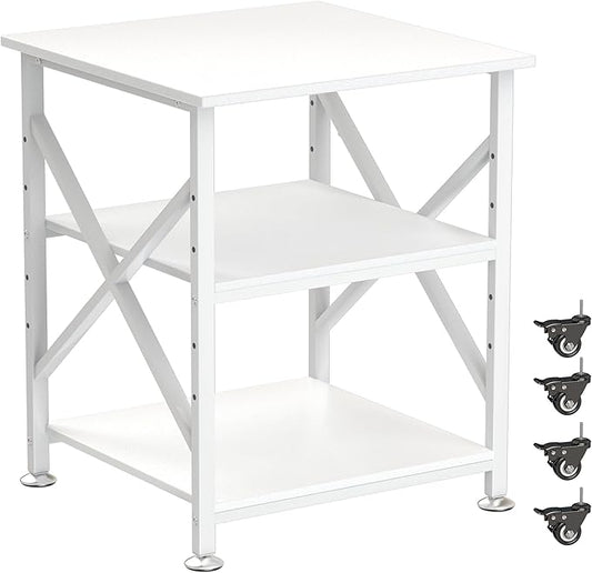 Printer Stand, 23.6 x 23.6 Inches Large Printer Stand with Adjustable Storage Shelf, 3 Tier Printer Table for Home Office, Rolling Printer Cart with Industrial Wheels, Mini Fridge Stand Table, White
