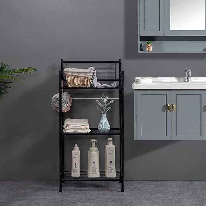 L&H UNICO 3-Shelf Tier Standing Unit Storage Wire Shelving Multipurpose Rack Organizer with 4-Hooks for Bathroom Laundry Kitchen Office, Black