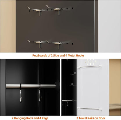Aobabo Metal Broom Closet Storage Cabinet with Wheels, 72'' Tall Steel Cleaning Tool Cabinet for Garage with Pegboards and Hooks,Black and Grey,Assembly Required