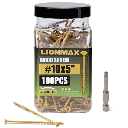 LIONMAX Deck Screws 5 Inch, Wood Screws #10 x 5, 100 PCS, Rust Resistant, Exterior Epoxy Coated, Outdoor Decking Screws, Torx/Star Drive Head Deck Screw, T25 Star Bit Included, Tan