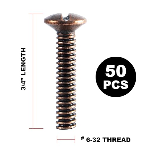 Henne Bery 3/4" Long 6-32 Thread, Oval Head Milled Slot Replacement Wall Plate Screws, 50 Pack, Antique Copper