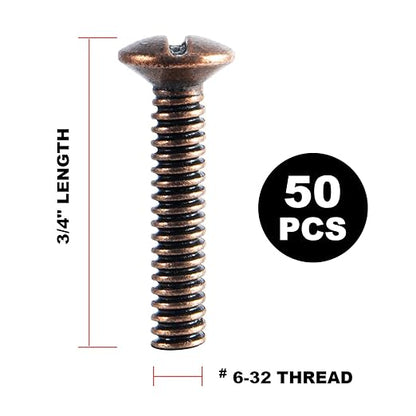 Henne Bery 3/4" Long 6-32 Thread, Oval Head Milled Slot Replacement Wall Plate Screws, 50 Pack, Antique Copper