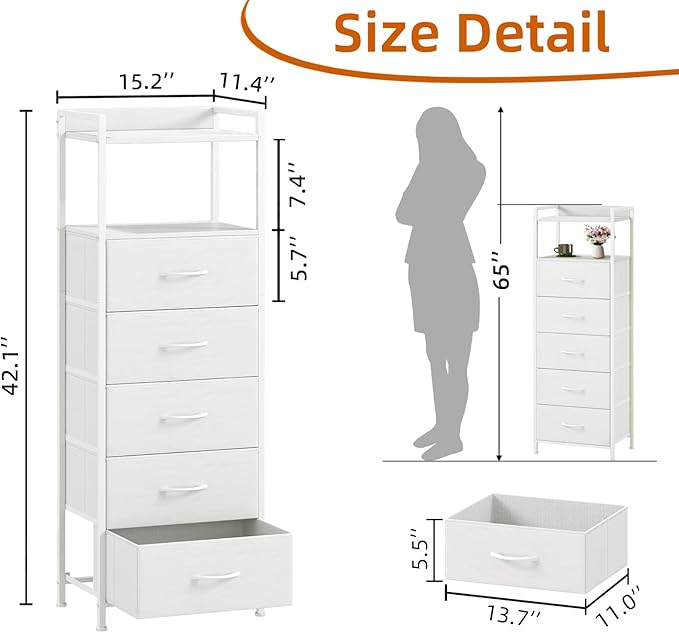 Somdot Tall Dresser for Bedroom,5 Drawers Nightstand Vertical Storage Tower Unit, Night Stand Furniture with Fabric Drawer Organizer in Bedside Hallway, Entryway, Nursery, Closet