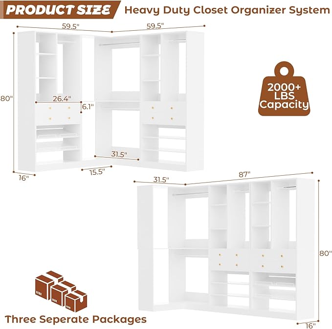 Closet System with 4 Drawers and Hanging Rods, 59.5"L / 87"L Closet Organizer System with Corner Tower, L Shaped Walk-in Closet System, Corner Closet System with Shelves, Set of 3, White