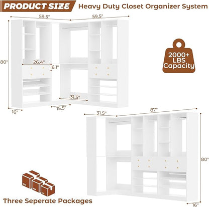 Closet System with 4 Drawers and Hanging Rods, 59.5"L / 87"L Closet Organizer System with Corner Tower, L Shaped Walk-in Closet System, Corner Closet System with Shelves, Set of 3, White