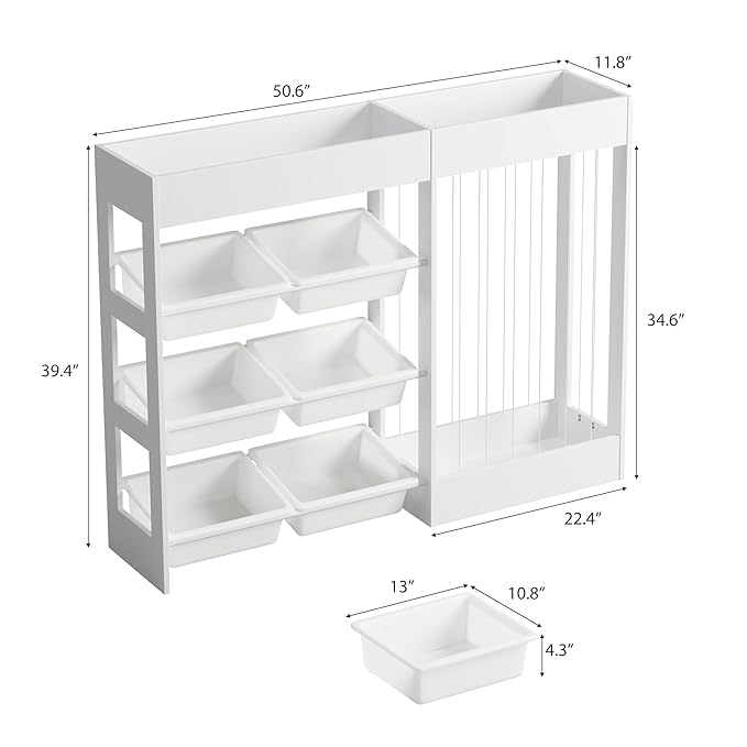 50.6" W Toy Storage, 3-in-1 Large Kids Toy Organizers and Storage with Stuffed Animal Zoo, 6 Removable Plastic Bins, Wooden Toddler Cabinet for Girls Boys Playroom, Nursery, Home Decor(White)