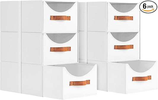 Stackable Storage Drawers - Collapsible Storage Bins with Drawers, 6 Pack Closet Shelf Organizer Basket, Fabric Pull Out Organizer for Bedroom, Living Room, Dorm, White