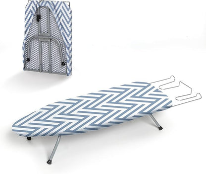Small Tabletop Ironing Board Foldable, RAINHOL Steel Mesh Portable Iron Board for Dorm and Apartment, with Iron Rest and Heat-Resistant Cotton Cover, 32" x 12", Blue and White Stripes