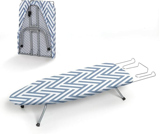Small Tabletop Ironing Board Foldable, RAINHOL Steel Mesh Portable Iron Board for Dorm and Apartment, with Iron Rest and Heat-Resistant Cotton Cover, 32" x 12", Blue and White Stripes