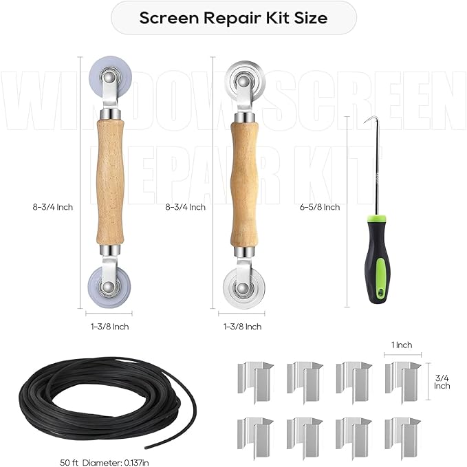 King&Charles Window Screen Door Repair/Replacement Kit, Include Black Screen Mesh 59"x106"+ 2 Roller+50Ft Spline+8Clips+Hook, 6 in 1 Window Mesh Kit, Steel/Nylon Bearing Roller