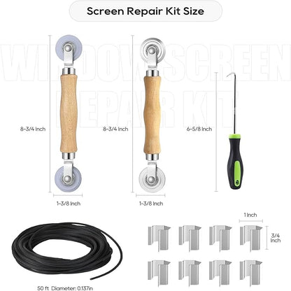 King&Charles Window Screen Door Repair/Replacement Kit, Include Black Screen Mesh 59"x106"+ 2 Roller+50Ft Spline+8Clips+Hook, 6 in 1 Window Mesh Kit, Steel/Nylon Bearing Roller