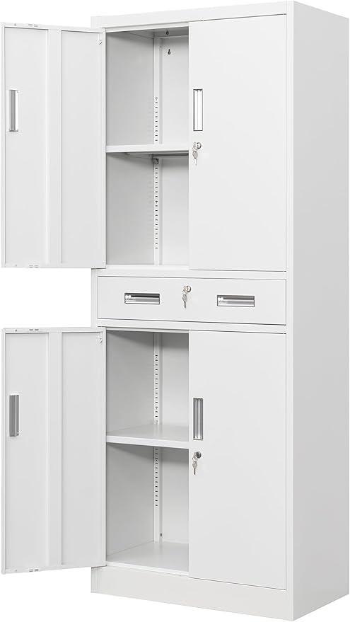 Metal Storage Cabinet, 71" H x 28" W x 16" D Locking Storage Cabinet with Adjustable Shelves and One Drawer for Office, Garage, Home, School, Utility(White)