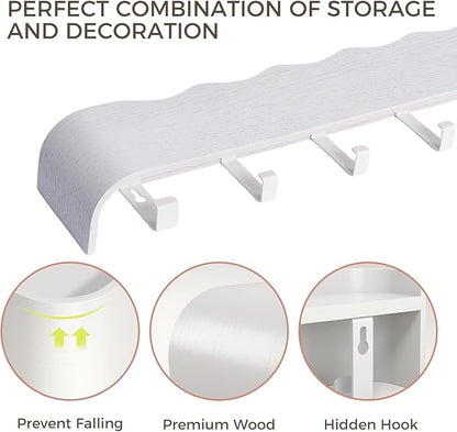 Wall Coat Rack Floating Shelves Modern Coat Rack Wall Mount with Storage Entryway Shelf Wooden Hanger 20 Inch 4 Hidden Metal Hooks for Living Room Bedroom (Wavy White, 8 Hooks)
